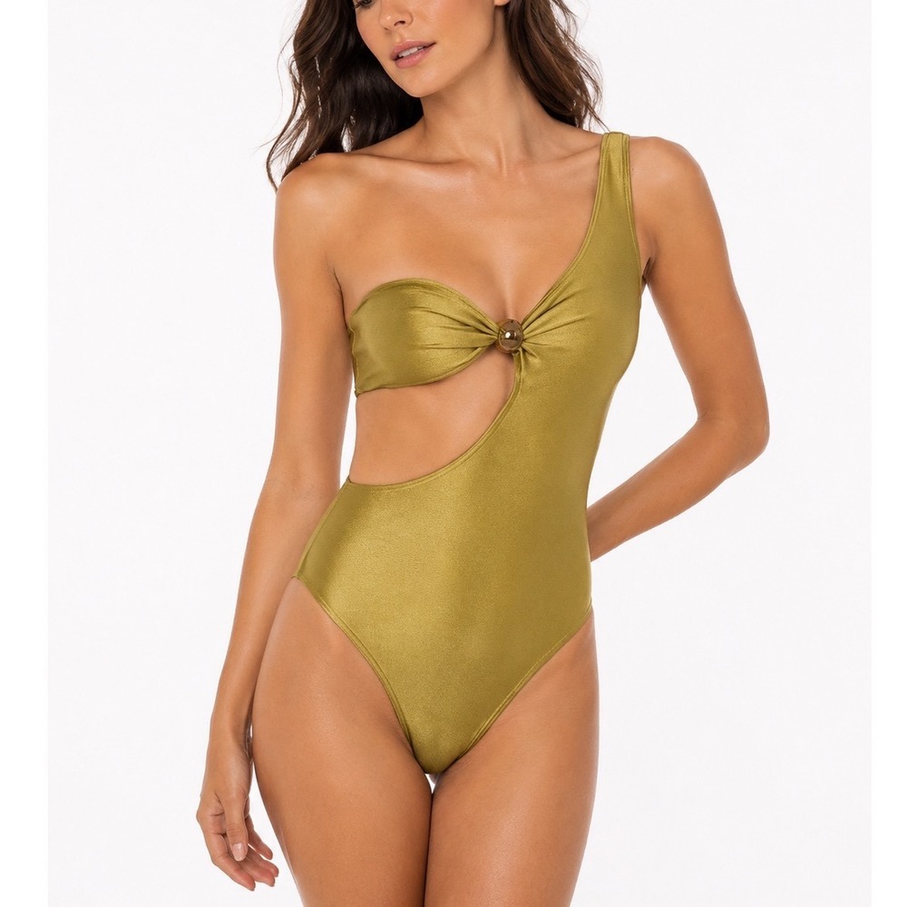 Adriana Degreas Solid One-Shoulder Cutout Swimsuit Pistachio Small Beach Spa New